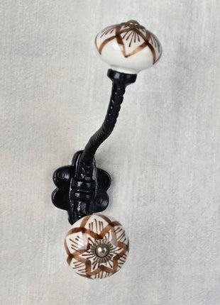 White Ceramic Knob Brown Flower With Metal Wall Hanger