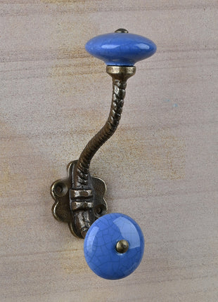 Blue Crackle Round Knob With Metal Wall Hanger