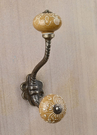 Brown Embossed Floral Design Knob With Metal Wall Hanger