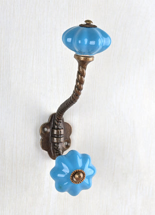 Turquoise Handmade Flower Shaped Ceramic  Knob With Metal Wall Hanger