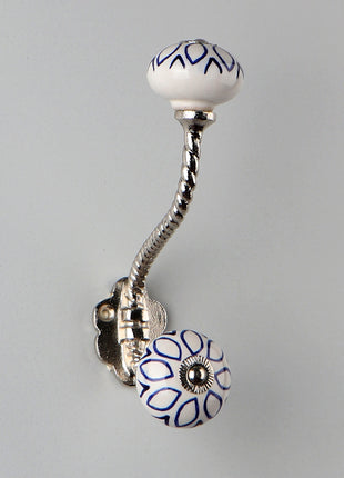 Elegant White Ceramic Knob With Blue Design with Metal Wall Hanger