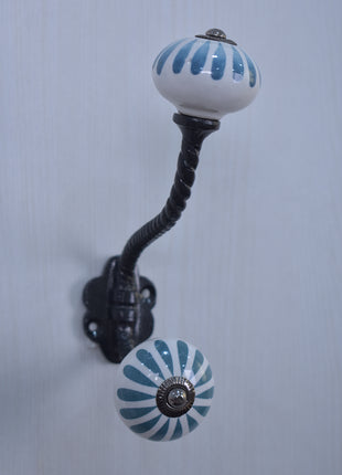 Turquoise Flower On White Ceramic Cabinet Knob With Metal Wall Hanger