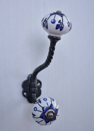 Blue Design On White Ceramic Knob With Metal Wall Hanger