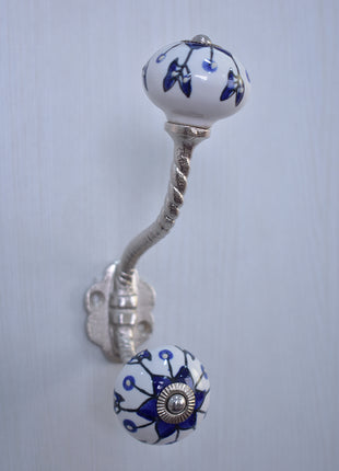Blue Design On White Ceramic Knob With Metal Wall Hanger