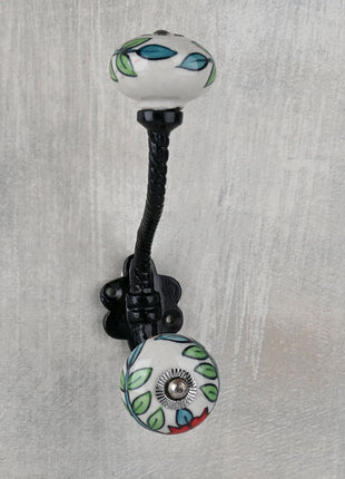 Designer White Ceramic Knob Multicolor Floral Print With Metal Wall Hanger