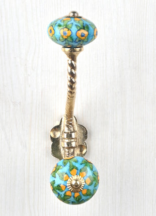 Yellow Flower And Leaf Design On Turquoise Knob With Metal Wall Hanger