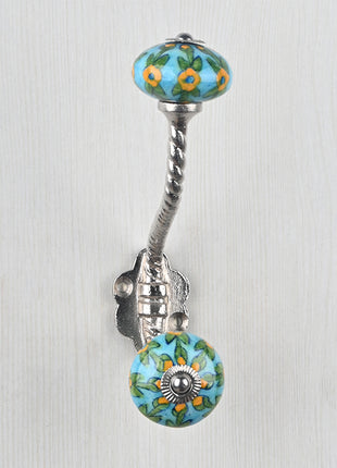 Yellow Flower And Leaf Design On Turquoise Knob With Metal Wall Hanger