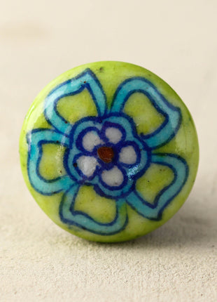 Lime Green Door Blue Pottery Knob With Turquoise Flower