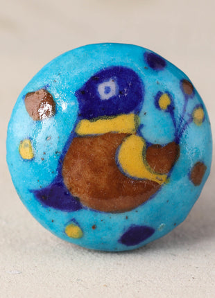 Turquoise Base Ceramic Blue Pottery Knob With Hand Painted Bird