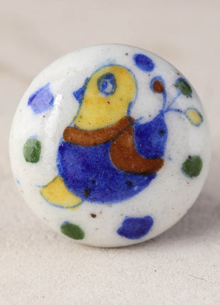 White Base Ceramic Blue Pottery Knob With Hand Painted Bird