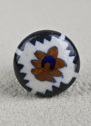 Black And White Ceramic Blue Pottery Knob With Brown Patchwork