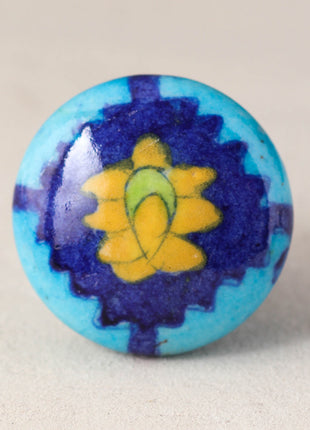Turquoise And Blue Ceramic Blue Pottery Knob With Yellow Patchwork