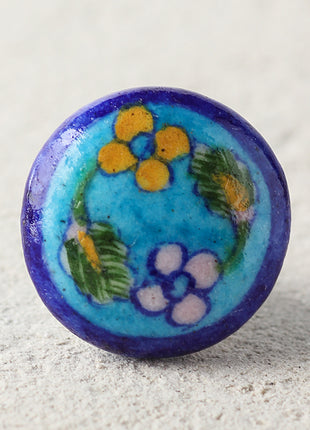 Blue And Turquoise Ceramic Blue Pottery Door knob With Multicolor Print