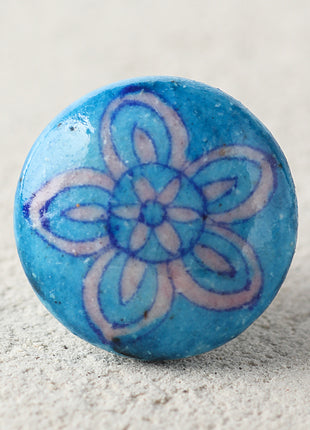 Stylish Turquoise Ceramic Blue Pottery Drawer Knob With White Flower