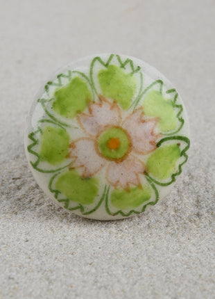 White Ceramic Blue Pottery Drawer Knob With Green Flower