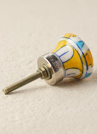 Well Designed White Ceramic Blue Pottery Door Knob With Yellow And Turquoise Print