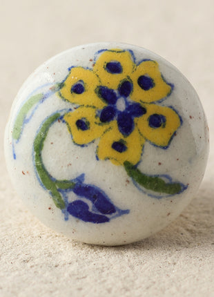 Elegant White Dresser Cabinet Knob With Yellow And Blue Flower
