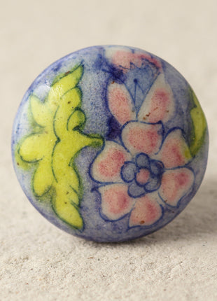 Purple Ceramic Blue Pottery Knob With Pink And Light Green Floral Print
