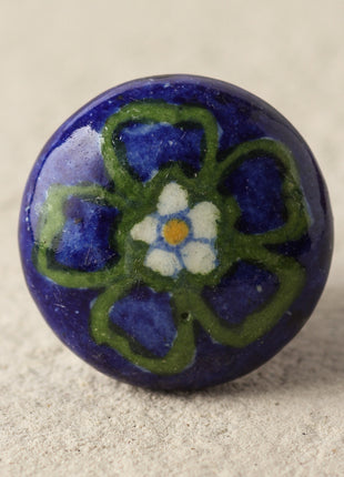 Designer Blue Ceramic Blue Pottery Knob With Green Flower