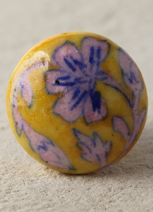 Handmade Pink Floral Print On Yellow Ceramic Blue Pottery Drawer Knob