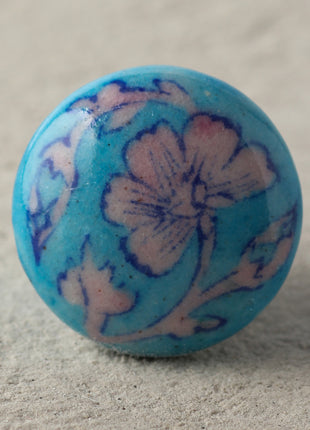 Handmade Pink Flower On Turquoise Ceramic Blue Pottery Drawer Knob