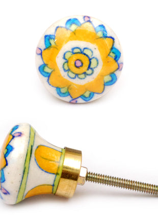 Vintage Yellow And Turquoise Flower On White Ceramic Kitchen Cabinet Knob