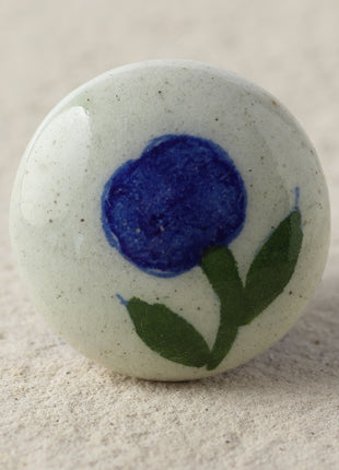 Handmade White Blue Pottery Knob With Blue Flower