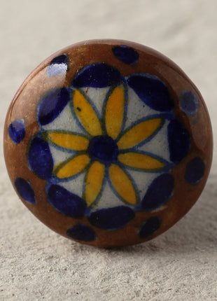 Brown Ceramic Blue Pottery Kitchen Cabinet Knob With Yellow Flower