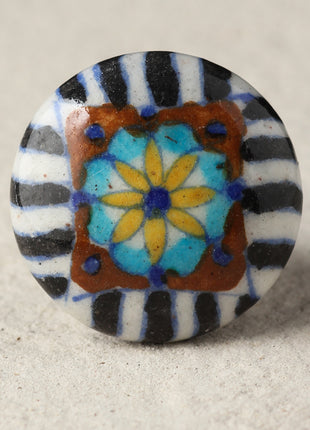 White And Black Patchwork With Yellow Flower Ceramic Blue Pottery Door Knob
