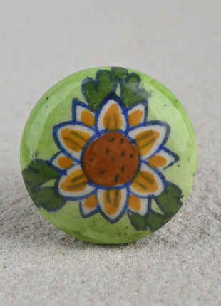 Lime Green With Yellow Flower Ceramic Blue Pottery Drawer Knob