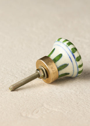 Hand Painted Green Stripes On White Ceramic Blue Pottery Kitchen Cabinet Knob