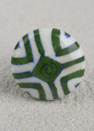 Hand Painted Green Stripes On White Ceramic Blue Pottery Kitchen Cabinet Knob
