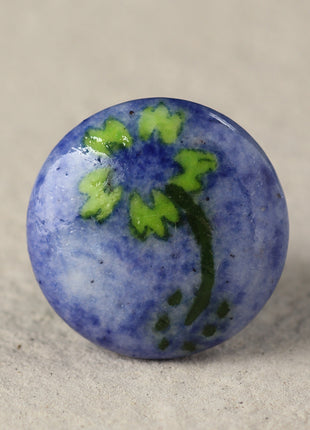 Green Flower On Purple Ceramic Blue Pottery Dresser Cabinet Knob
