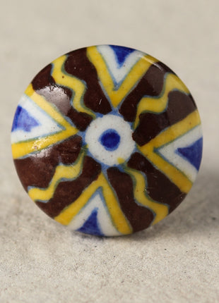 Zigzag Yellow, Brown And Blue Ceramic Blue Pottery Door Knob