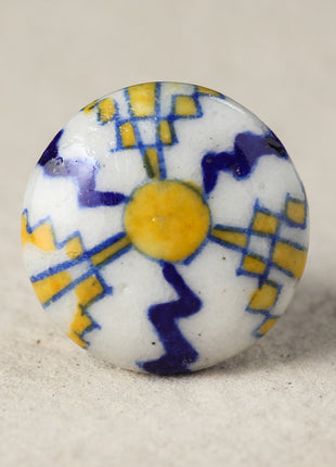 White Ceramic Blue Pottery Door Knob With Yellow And Blue Print