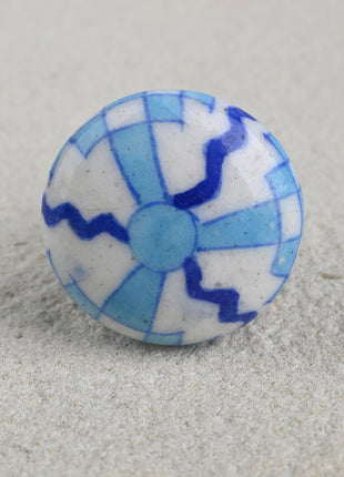 White Ceramic Blue Pottery Drawer Knob With Turquoise And Blue Print