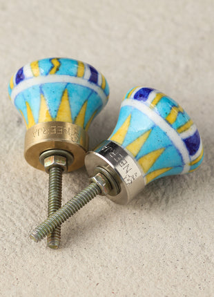 Zigzag Yellow And Turquoise Ceramic Blue Pottery Kitchen Cabinet Knob