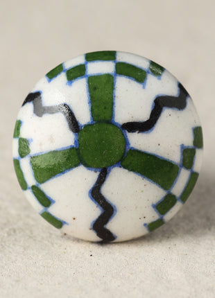 Antique White Ceramic Blue Pottery Door Knob With Green And Black Design