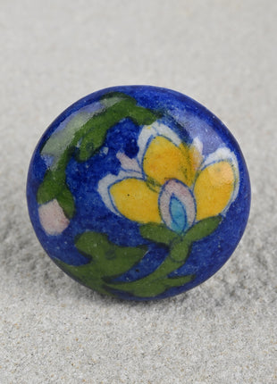 Vintage Blue Ceramic Drawer Knob with Yellow Flower