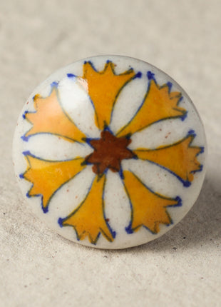 Vintage White Ceramic Drawer Knob With Hand Painted Yellow Floral Print