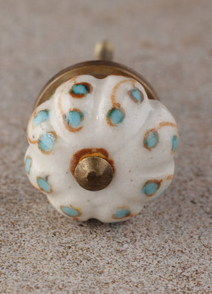 White Ceramic Melon Shaped Drawer Cabinet Knob With Turquoise Design