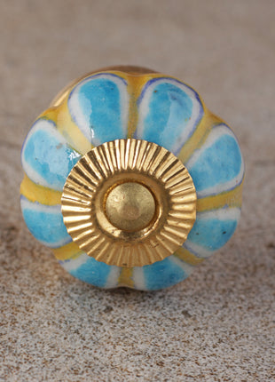 Turquoise Flower With Yellow Base Melon Shaped Drawer Knob