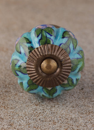 Turquoise Base Ceramic Dresser Cabinet Knob With Pink Flowers