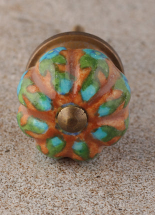 Turquoise Flowers And Green Leaf With Brown Base Melon Knob