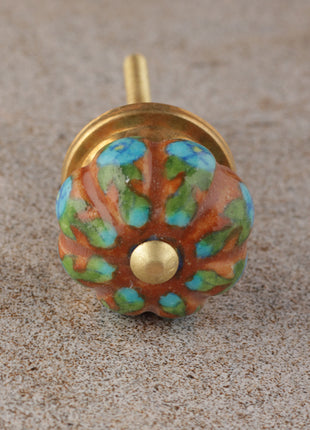 Turquoise Flowers And Green Leaf With Brown Base Melon Knob