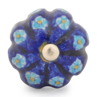 Royal Blue Melon Shaped Ceramic Bathroom Knob With Turquoise Flowers