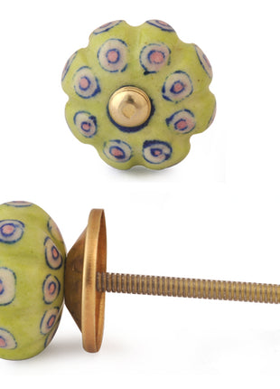 Lime Green Ceramic Dresser Cabinet Knob With White And Pink Design