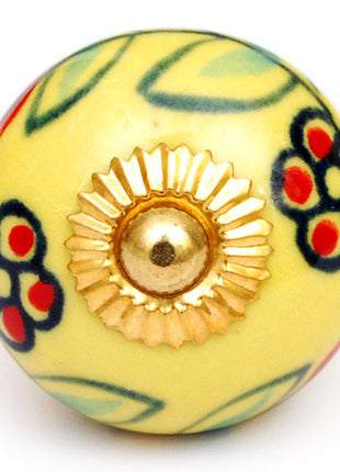 Yellow Round Kitchen Cabinet Knob With Red Flowers