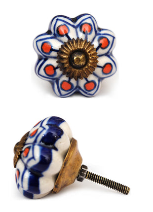 White Flower Shaped Ceramic Drawer Knob With Multicolor Print
