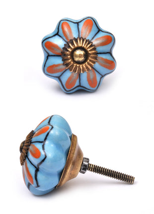 Floral Turquoise And Orange Royal Ceramic Drawer Knob